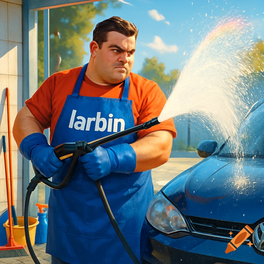 A man in a blue apron and gloves fiercely pressure washing a dark blue car at a car wash, with a rainbow visible in the spray.