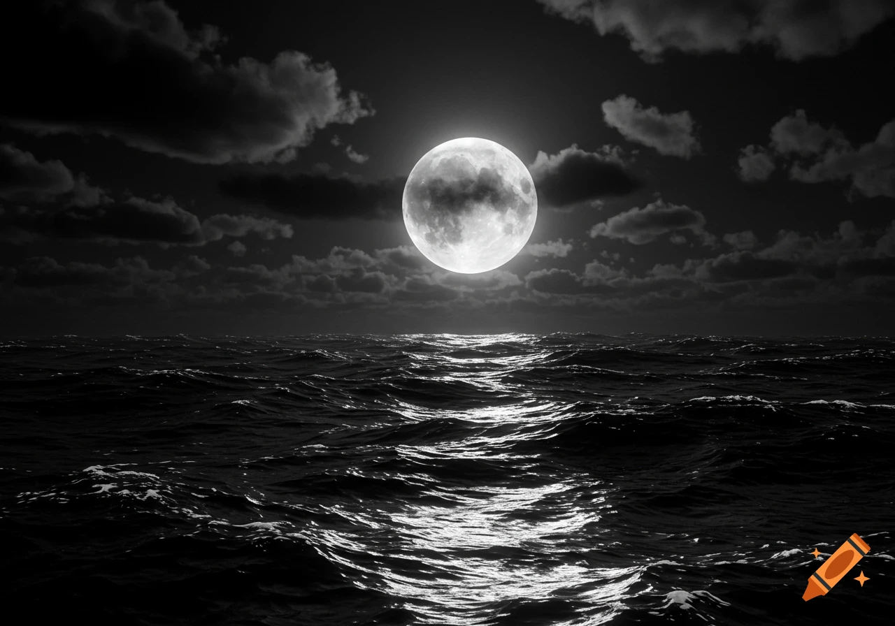 A stylized black and white image of a full moon shining brightly over a rough, wavy ocean, with a shimmering path of moonlight on the water.