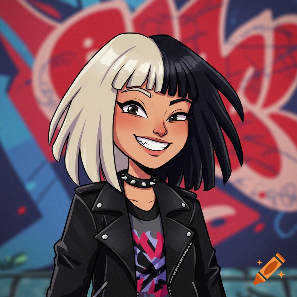 A cartoon girl with split blonde and black hair, wearing a leather jacket and studded choker, smiling against a graffiti background.