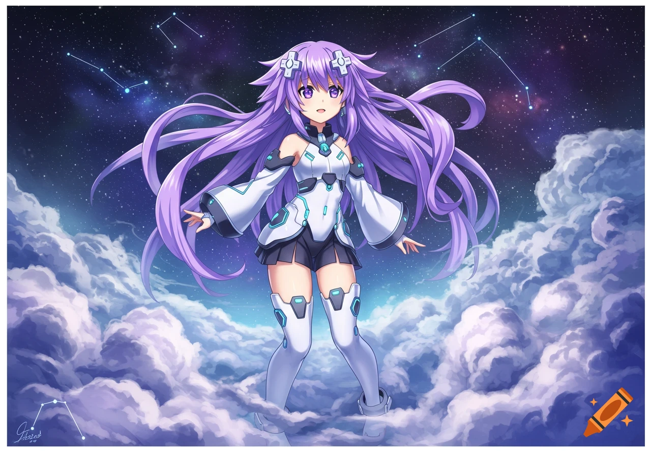 An anime girl with long flowing purple hair and a white and black futuristic outfit stands on clouds beneath a starry night sky with constellations.