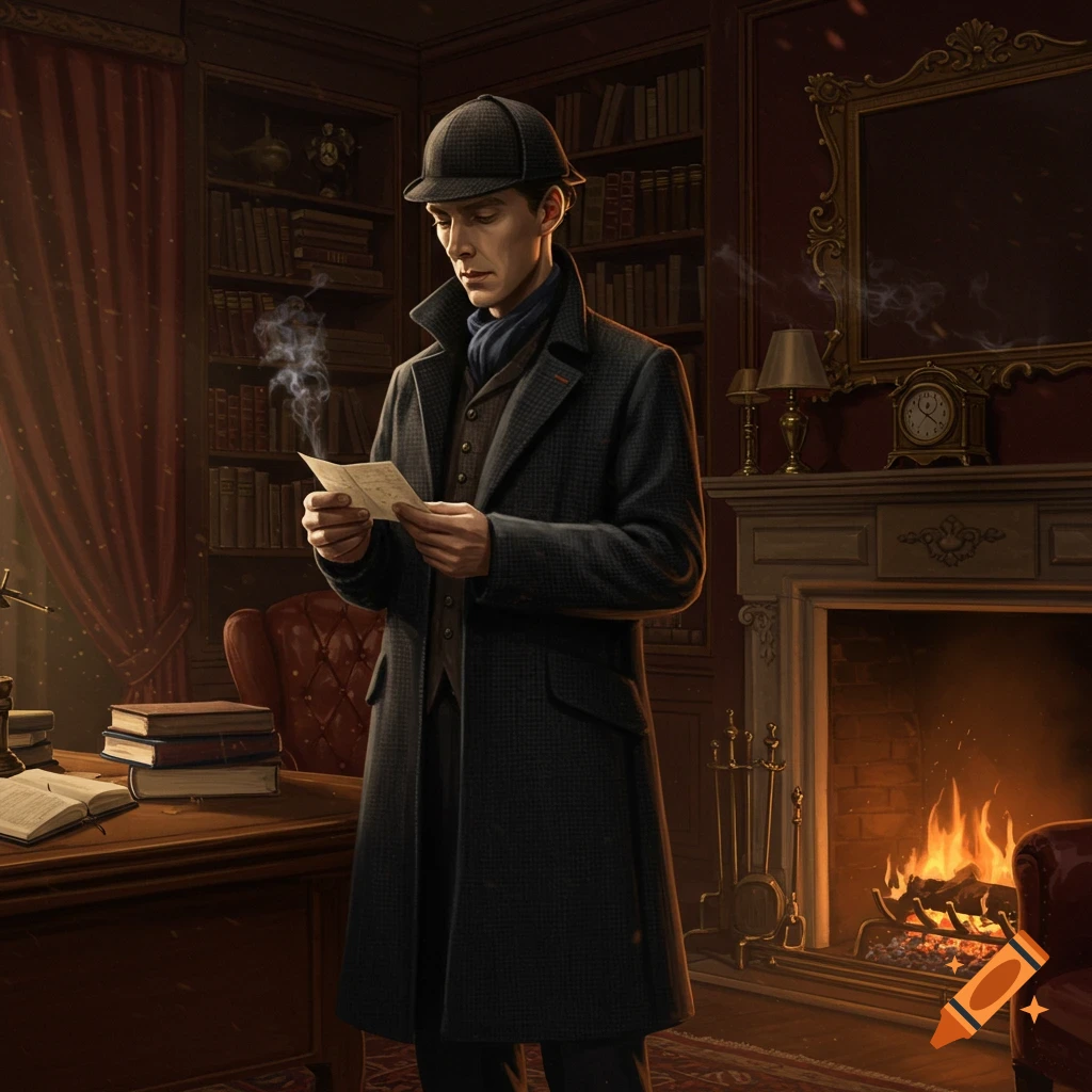 A man resembling Sherlock Holmes in a long coat and deerstalker hat reads a letter in a Victorian study by a fireplace.