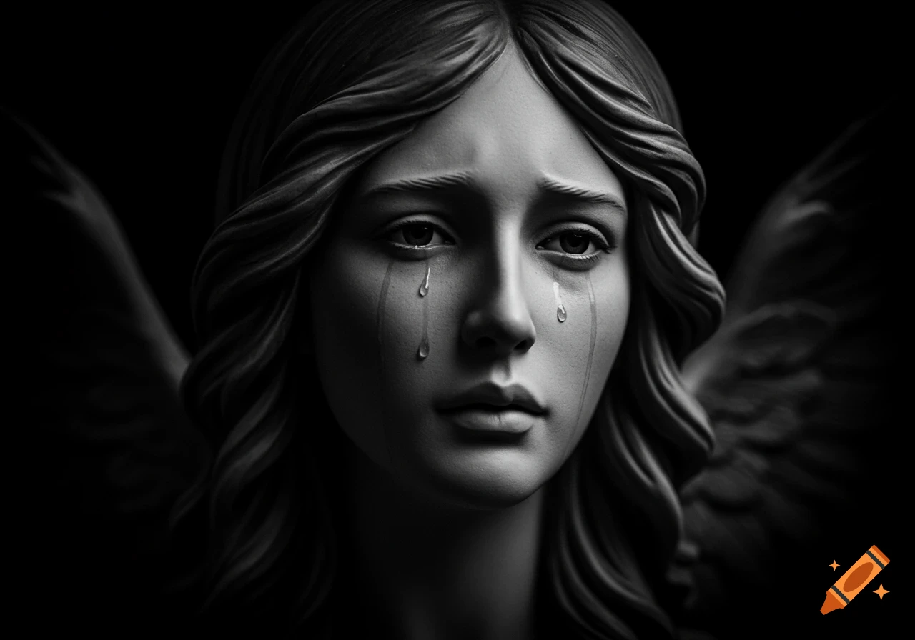 Close-up black and white image of a crying angel statue with wings, long hair, and tears streaming down its face.