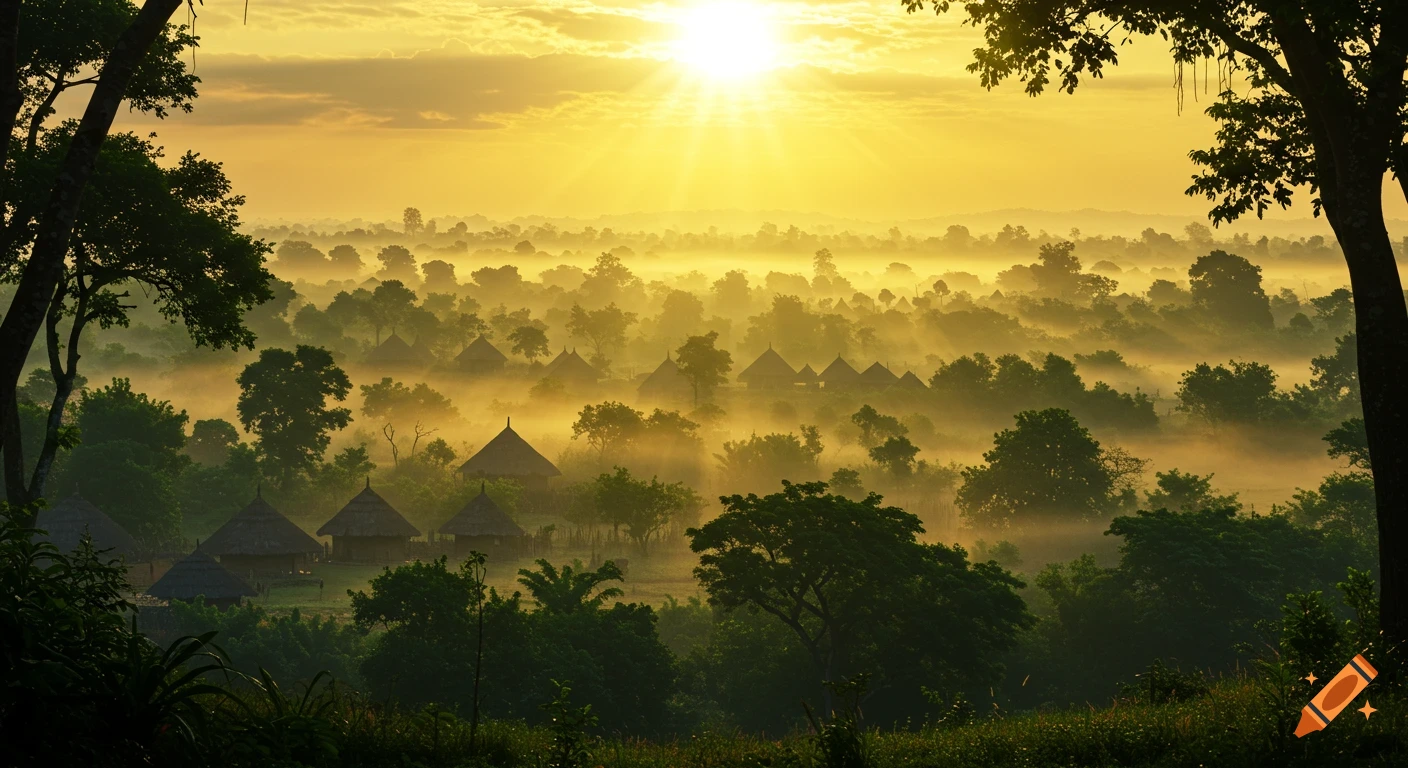 A golden sunrise illuminates a misty, lush forest with traditional huts nestled among the trees.