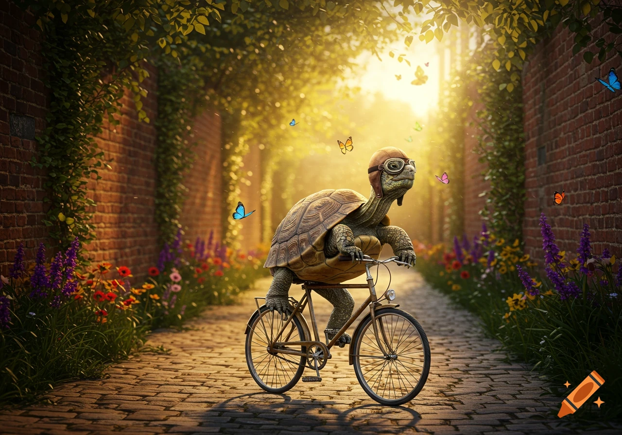 A whimsical turtle in goggles and helmet rides a bicycle down a sunlit cobblestone path with flowers and butterflies.