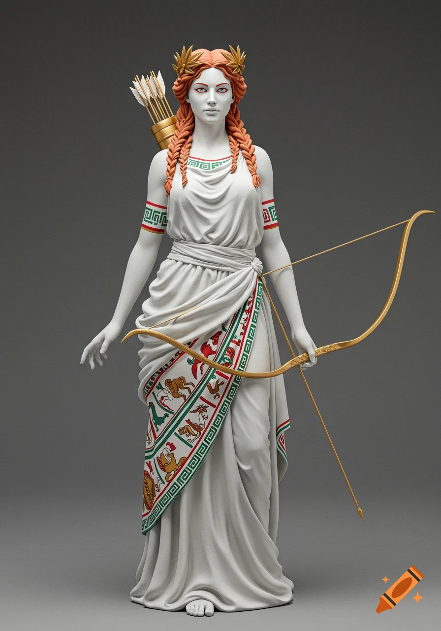 A full-body sculpture of a woman with red braided hair, a golden leaf crown, and red eyes, holding a golden bow. She wears a white peplos adorned with a colorful pattern of animals and geometric designs.