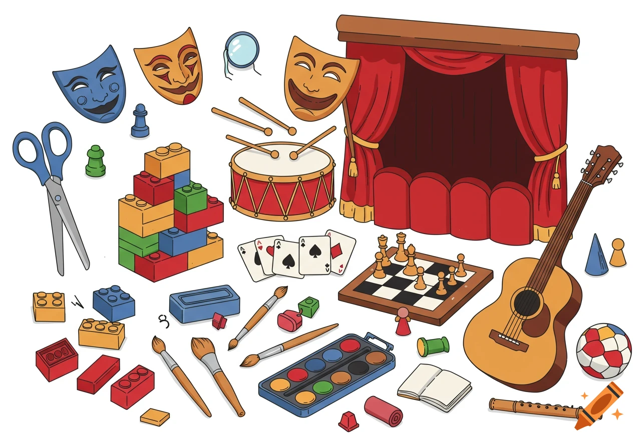 Cartoon illustration of various hobbies: Lego bricks, theater masks, drum, guitar, chessboard, playing cards, paint set, and scissors on white.