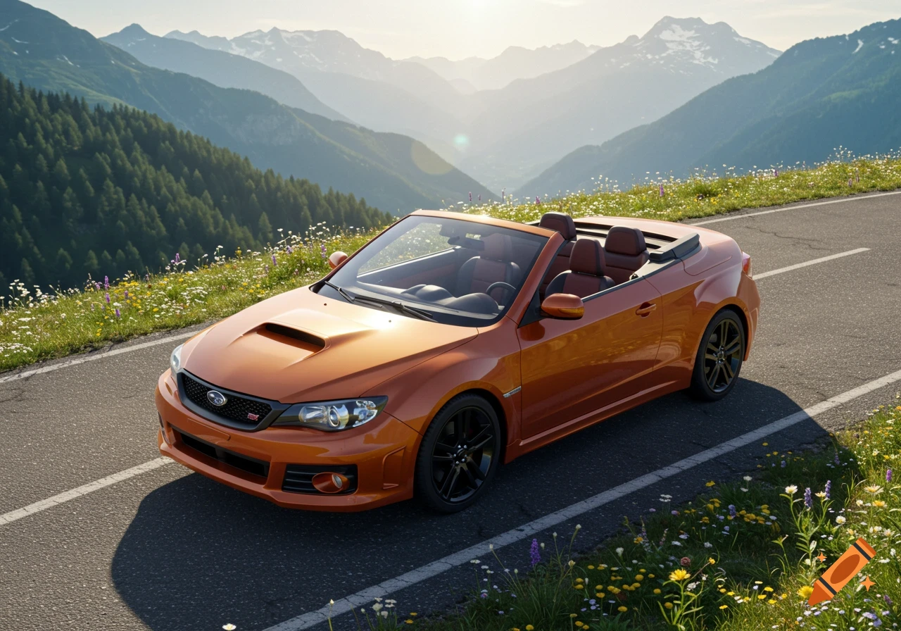 Orange Subaru Impreza convertible on a winding mountain road with wildflowers, under a sunny sky.