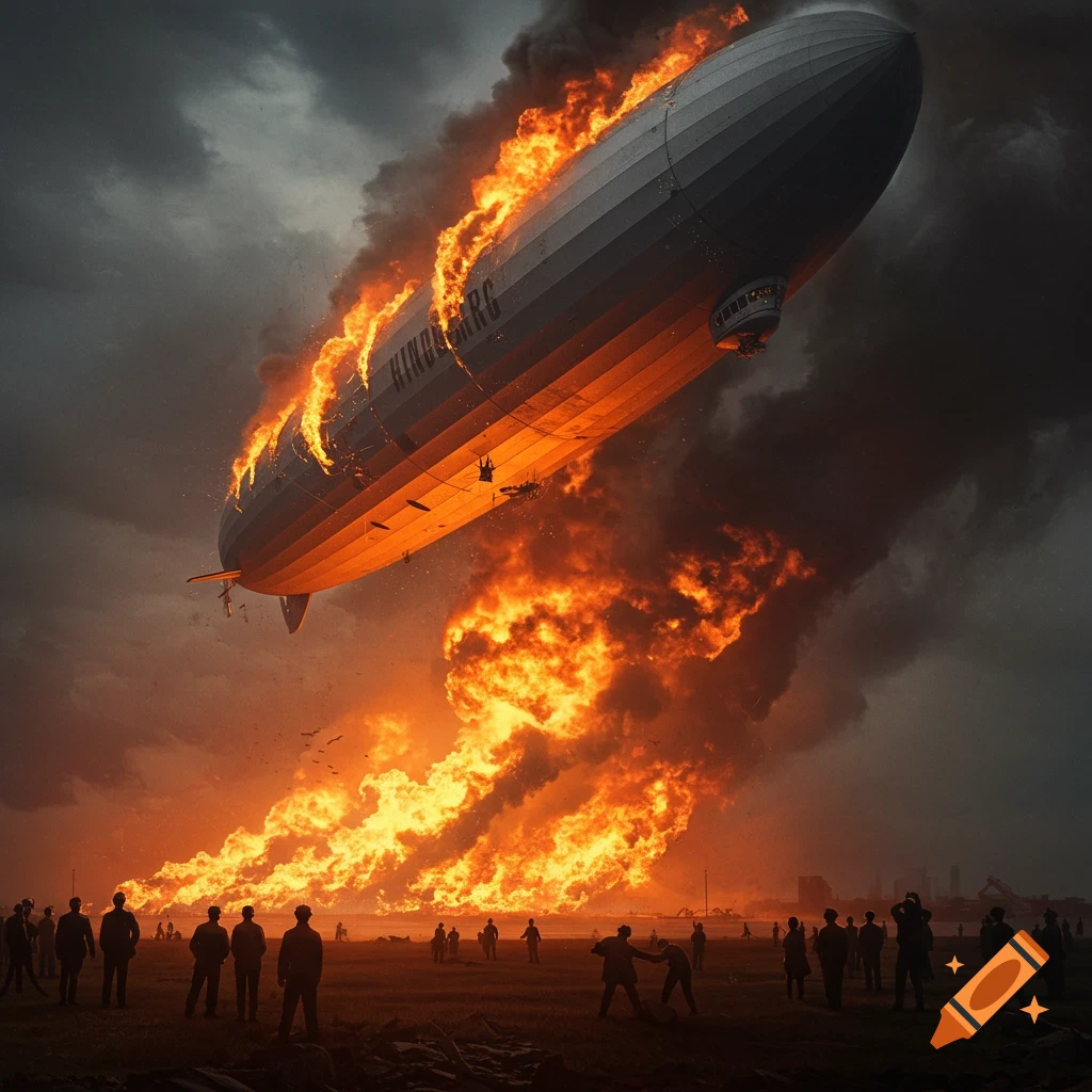 A large Hindenburg-like blimp engulfed in massive flames descends over a field of onlookers under a dark, cloudy sky.