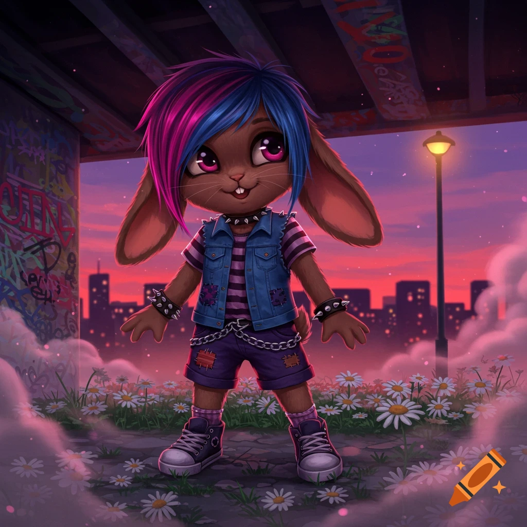 A cute brown emo/scene bunny girl with pink and blue hair, wearing a vest and shorts, stands on daisies in an urban setting at sunset.