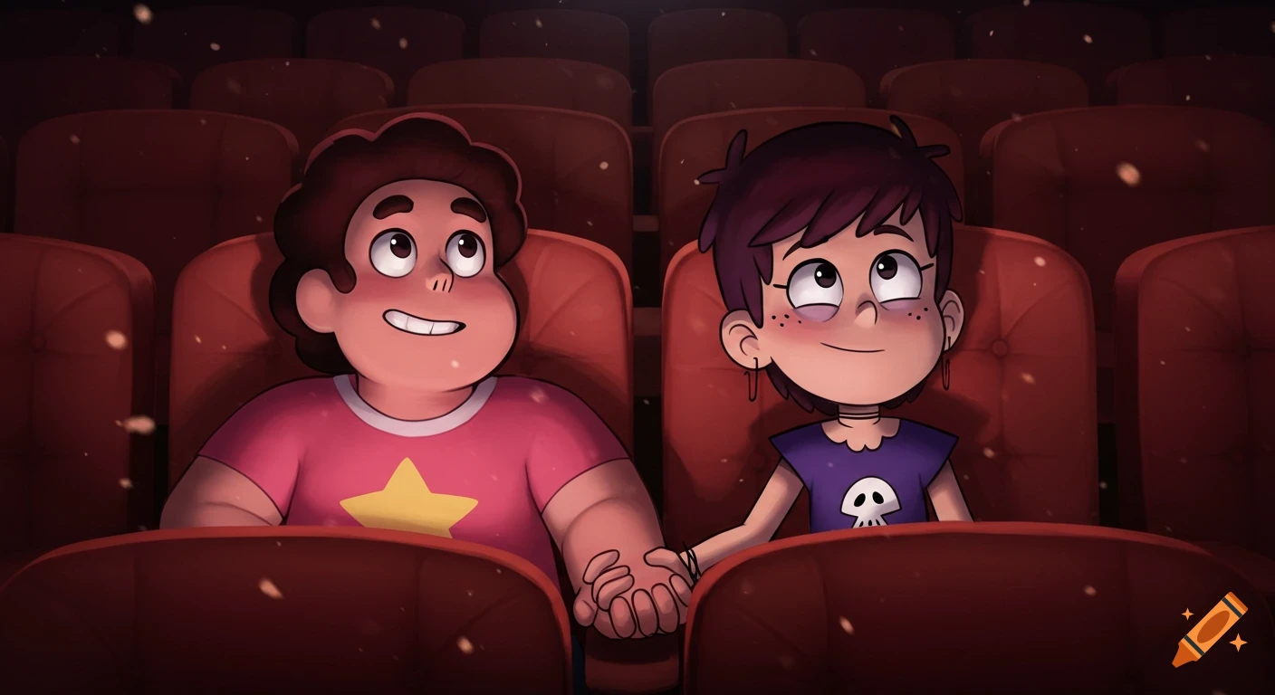 Steven Universe and Luna Loud from The Loud House hold hands in a dimly lit movie theater, looking up at the screen in a cartoon style.