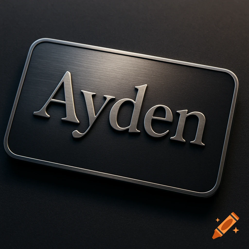 Close-up of a metallic silver nameplate with the name 'Ayden' embossed on a brushed dark background.