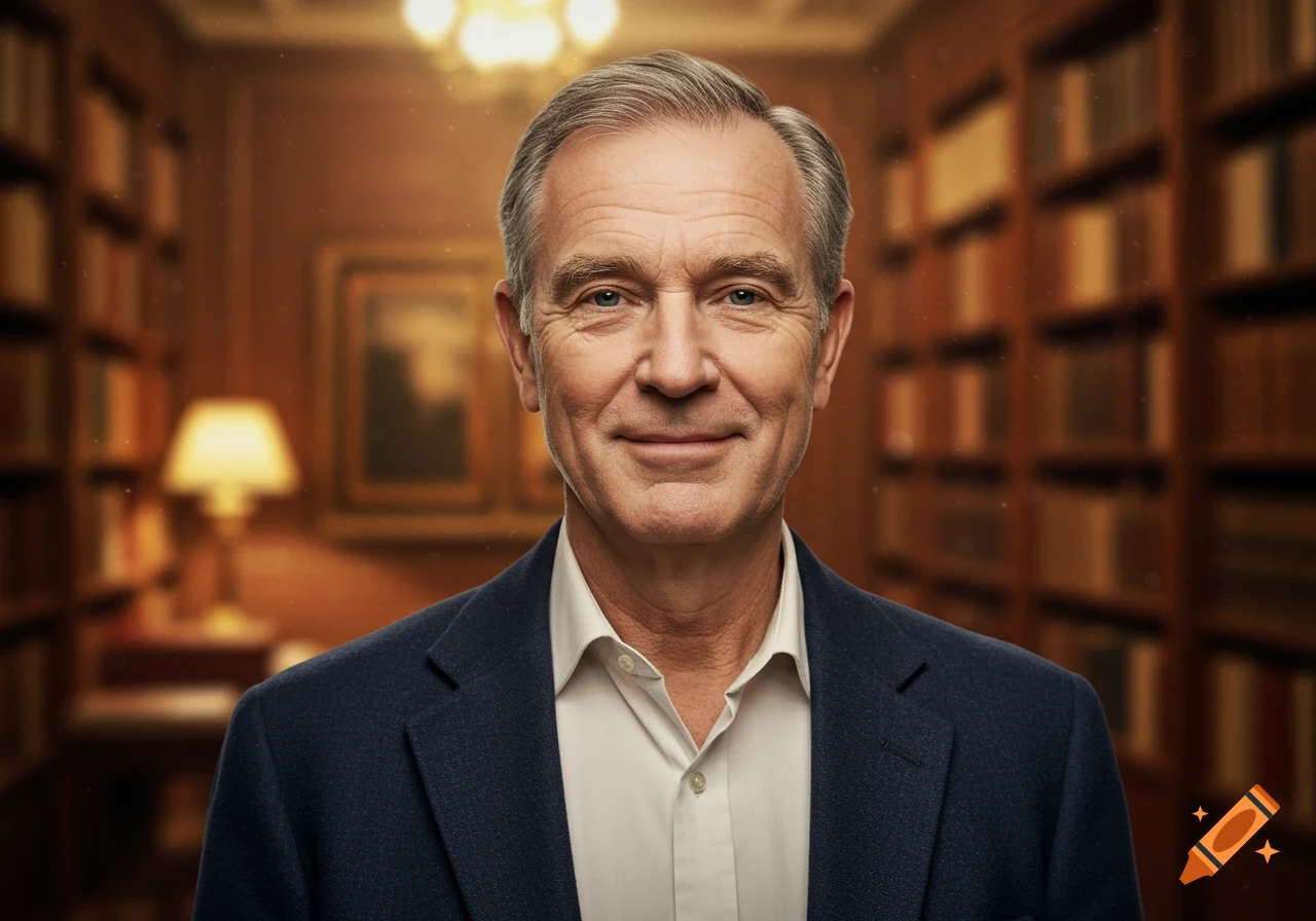 Photorealistic portrait of a smiling older man with grey hair in a navy suit and white shirt, standing in a blurred library.