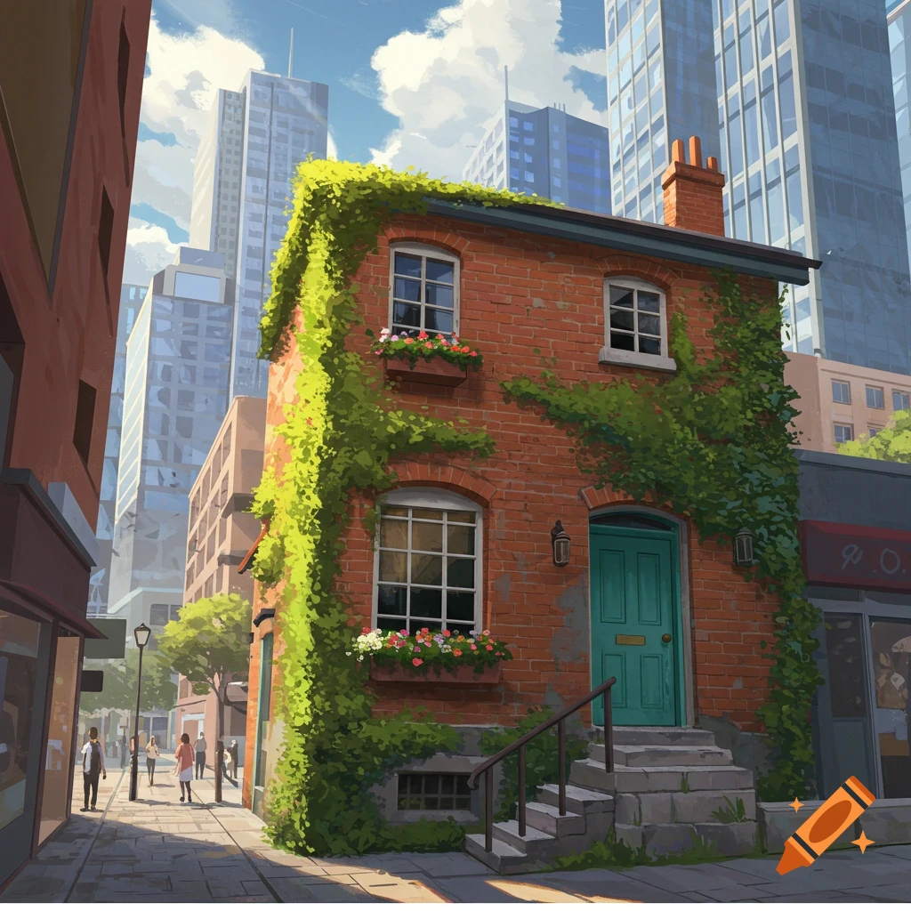 A charming brick house covered in ivy with a teal door and flower boxes on a city street, surrounded by tall modern skyscrapers under a blue sky.