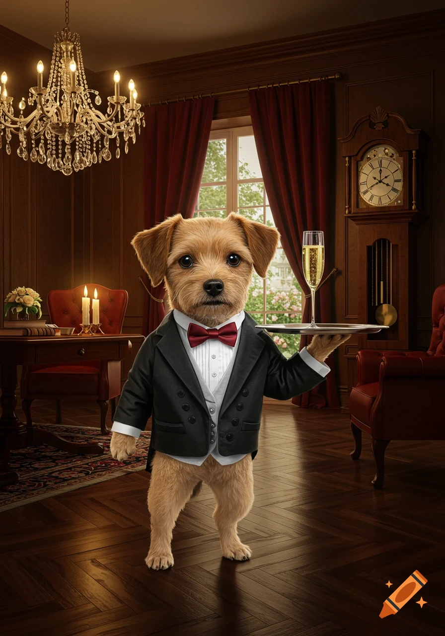 Photorealistic image of a small, fluffy brown puppy in a black tuxedo and red bow tie, holding a silver tray with a champagne glass in a lavish room.