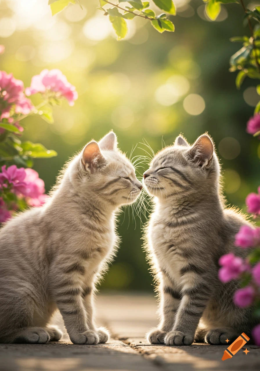 Two fluffy tabby kittens nose-to-nose in a sunny garden filled with pink flowers. Photorealistic.