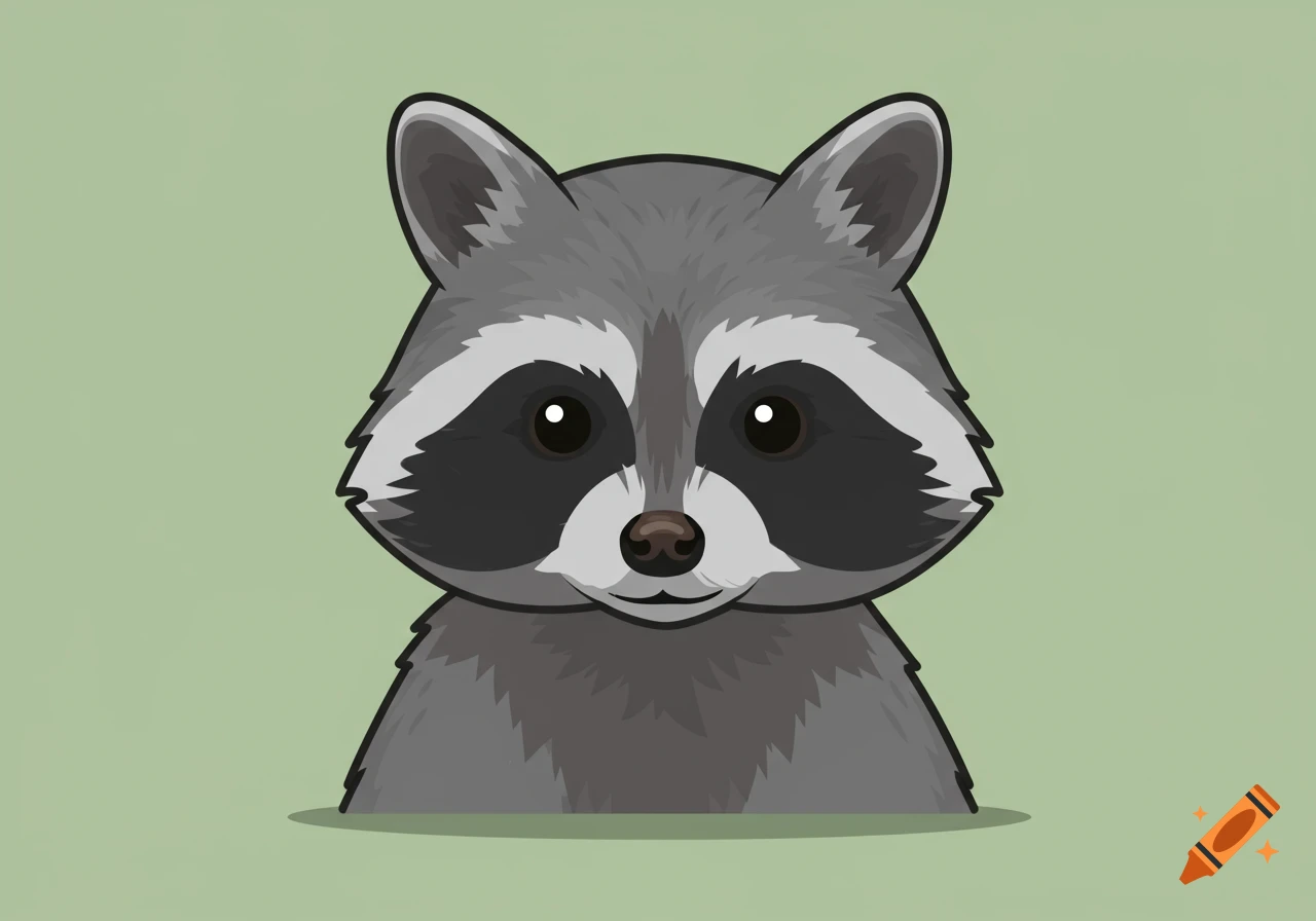 A cartoon illustration of a raccoon's head with its black bandit mask markings, looking forward on a light green background.
