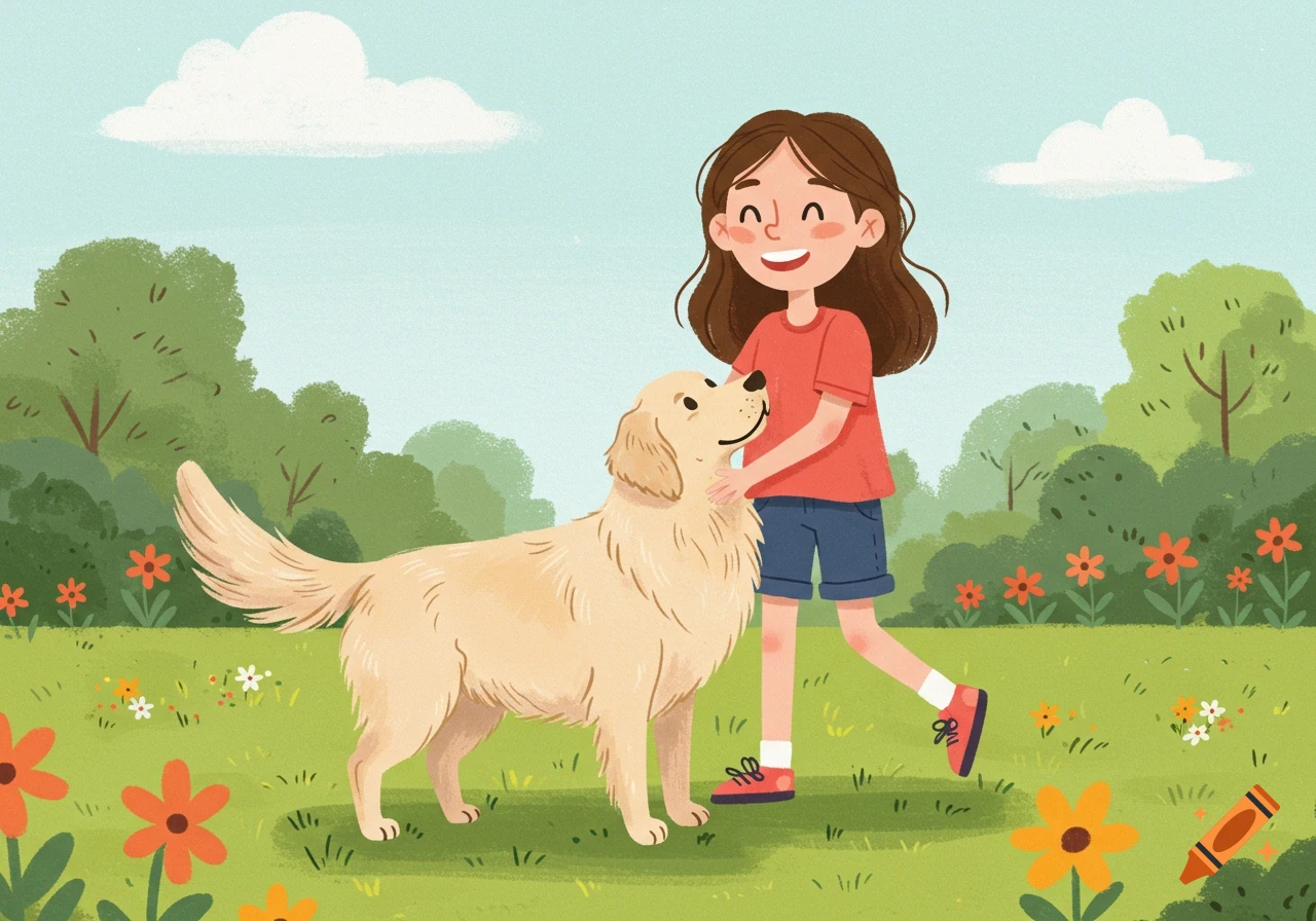 A smiling girl with brown hair pets a cream-colored Golden Retriever in a sunny park with green grass and orange flowers, in a children's book illustration style.