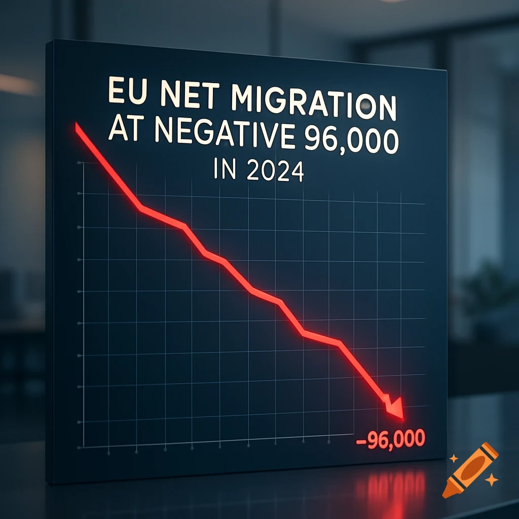 A digital graph titled 'EU Net Migration at Negative 96,000 in 2024' showing a red line sharply declining to -96,000.