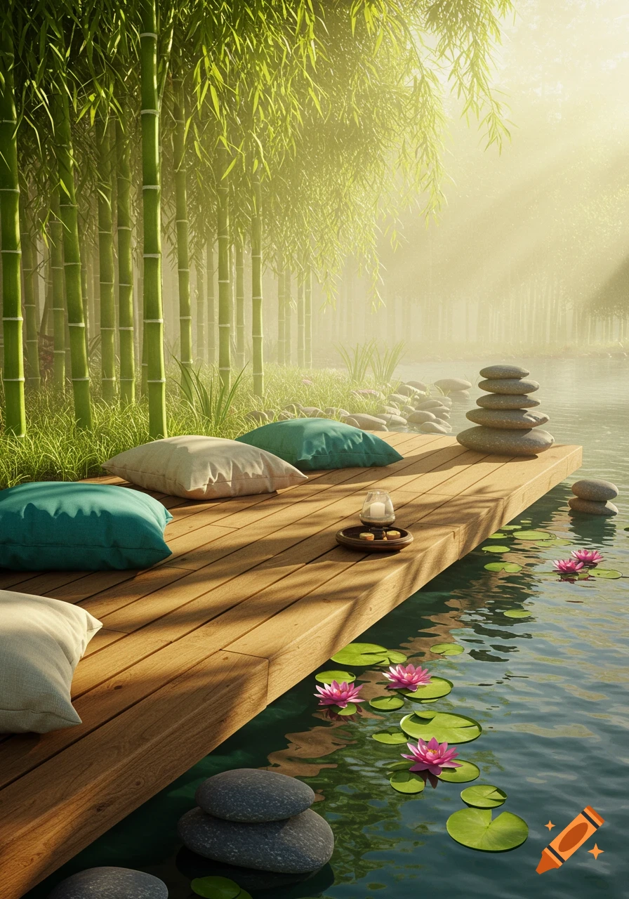 Photorealistic zen garden with a wooden deck, pillows, stacked stones, water lilies, and bamboo beside calm water.