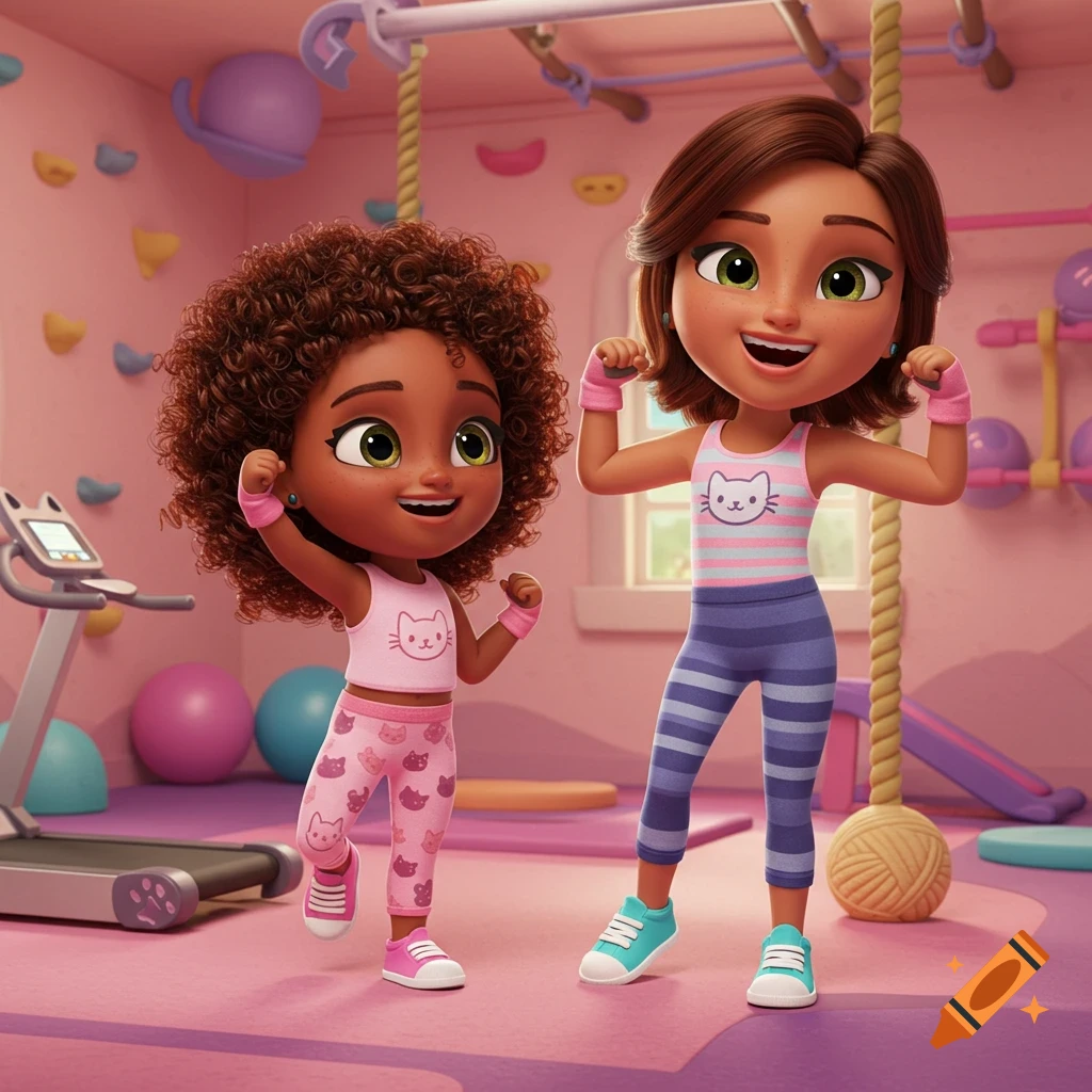 Two smiling cartoon girls, one with curly dark hair, one with brown, flex muscles in a pink cat-themed gym.
