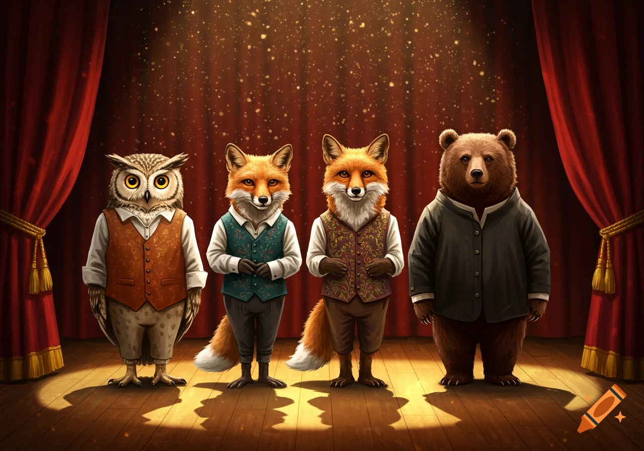 An owl, two foxes, and a bear in formal attire stand on a spotlighted stage with red curtains and falling light particles.