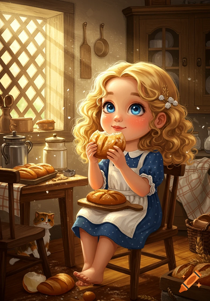 A cute cartoon girl with blonde curly hair and big blue eyes eats a piece of bread in a sunlit kitchen with loaves of bread and a cat.