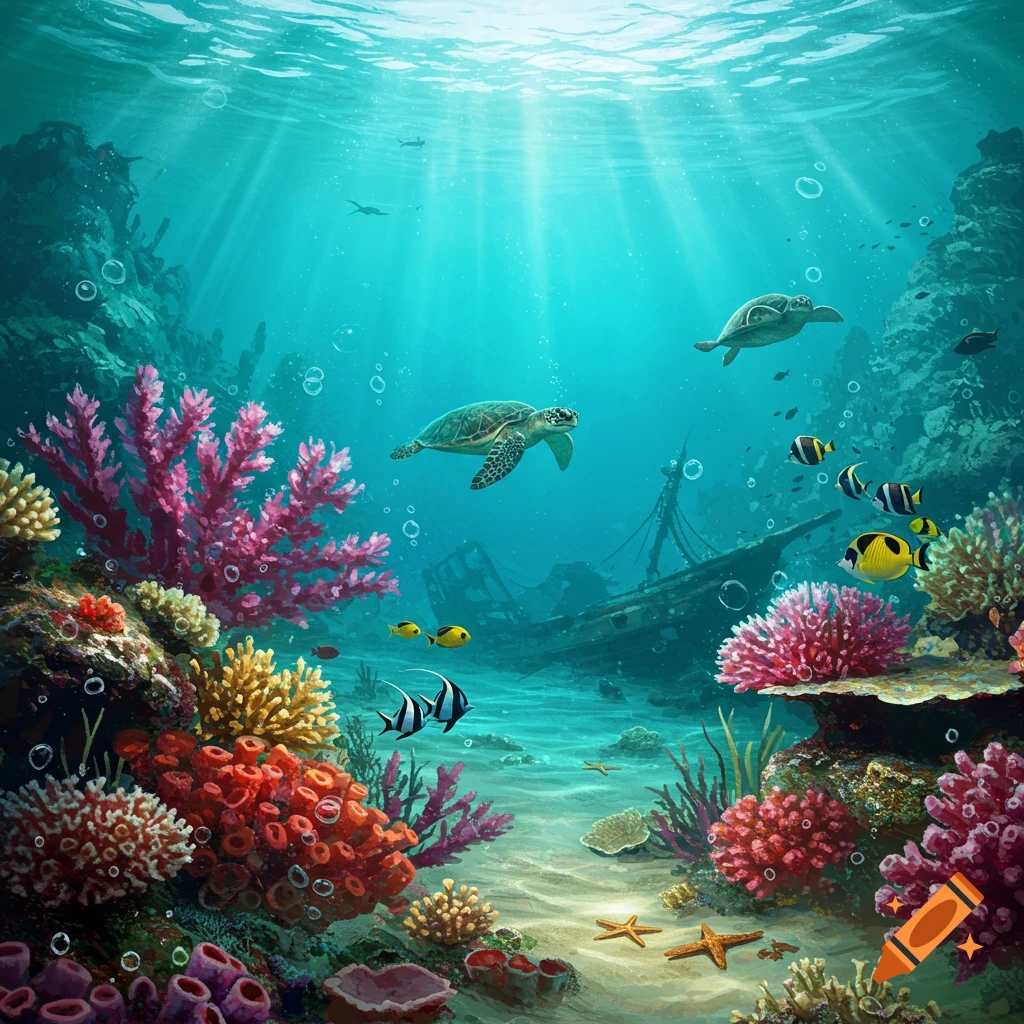 Two sea turtles swim above a vibrant coral reef teeming with colorful fish and starfish, with a sunken shipwreck in bright turquoise water.