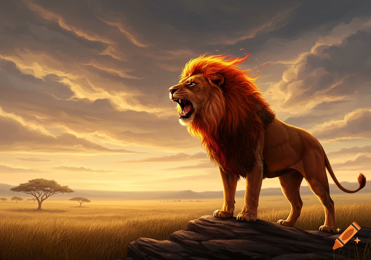 A majestic lion with a fiery mane roars on a rock, overlooking a savanna at sunset, in a digital art style.