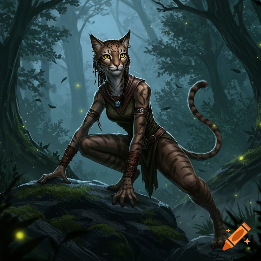 A female Kahjiit crouches on a mossy rock in a dark, glowing fantasy forest.