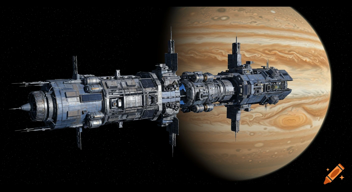 A detailed industrial spaceship, composed of multiple modules and antennas, orbits the gas giant Jupiter in dark, star-filled space.
