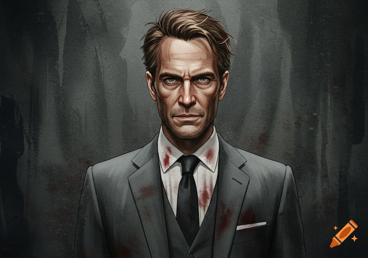 Watercolor drawing of a man with brown hair, blue eyes, and sharp cheekbones, wearing a blood-splattered gray suit and tie.