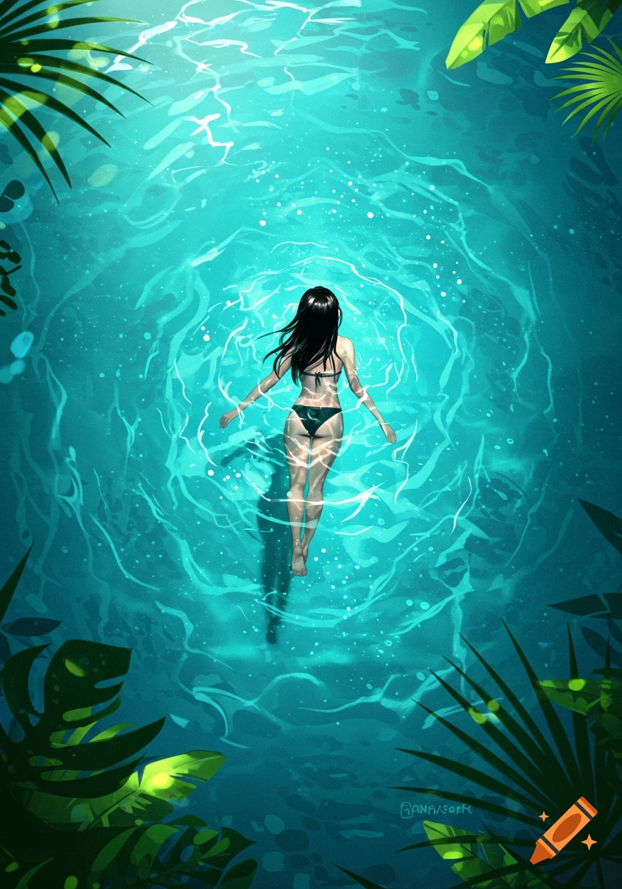 Overhead illustration of a woman with long dark hair in a bikini floating in clear blue water, surrounded by tropical leaves.