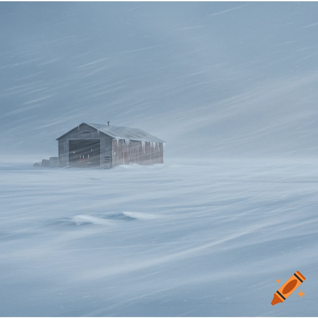 A lone wooden warehouse stands in a vast, foggy blizzard at dusk, covered in snow and icicles.