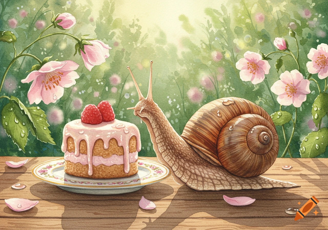 Watercolor illustration of a snail looking at a small pink frosted cake with raspberries on a wooden table in a blooming garden.