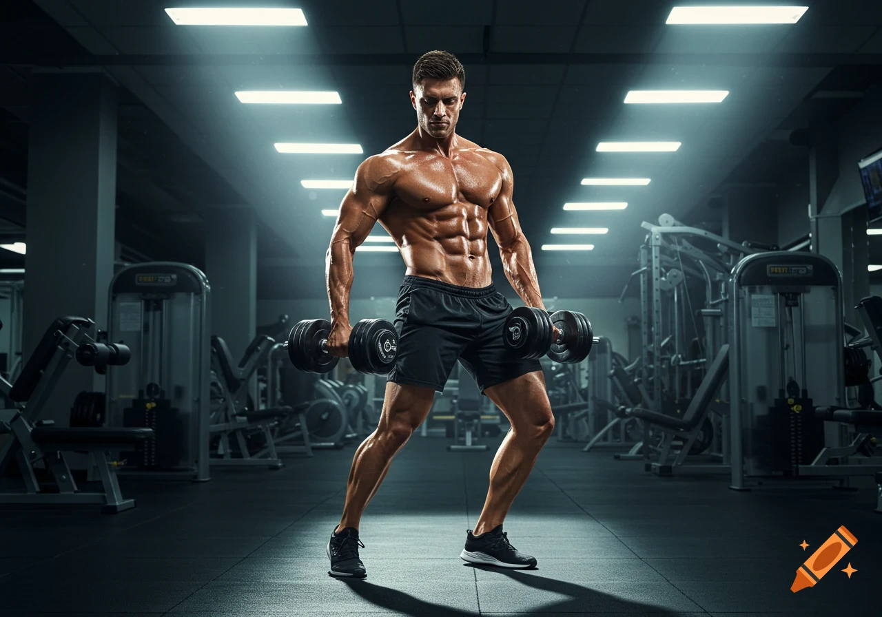 A muscular man with a chiseled physique, shirtless and in black shorts, holding dumbbells in a gym. Photorealistic style.