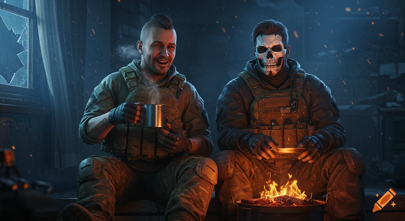 Two realistic soldiers, one smiling with a mohawk and one masked, sit by a fire in a dark, destroyed room.