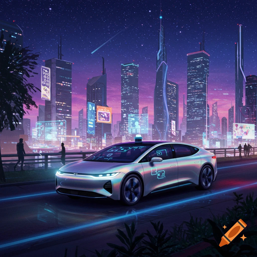 A sleek autonomous car on a neon-lit road in a futuristic city at night, with glowing skyscrapers and a starry sky.