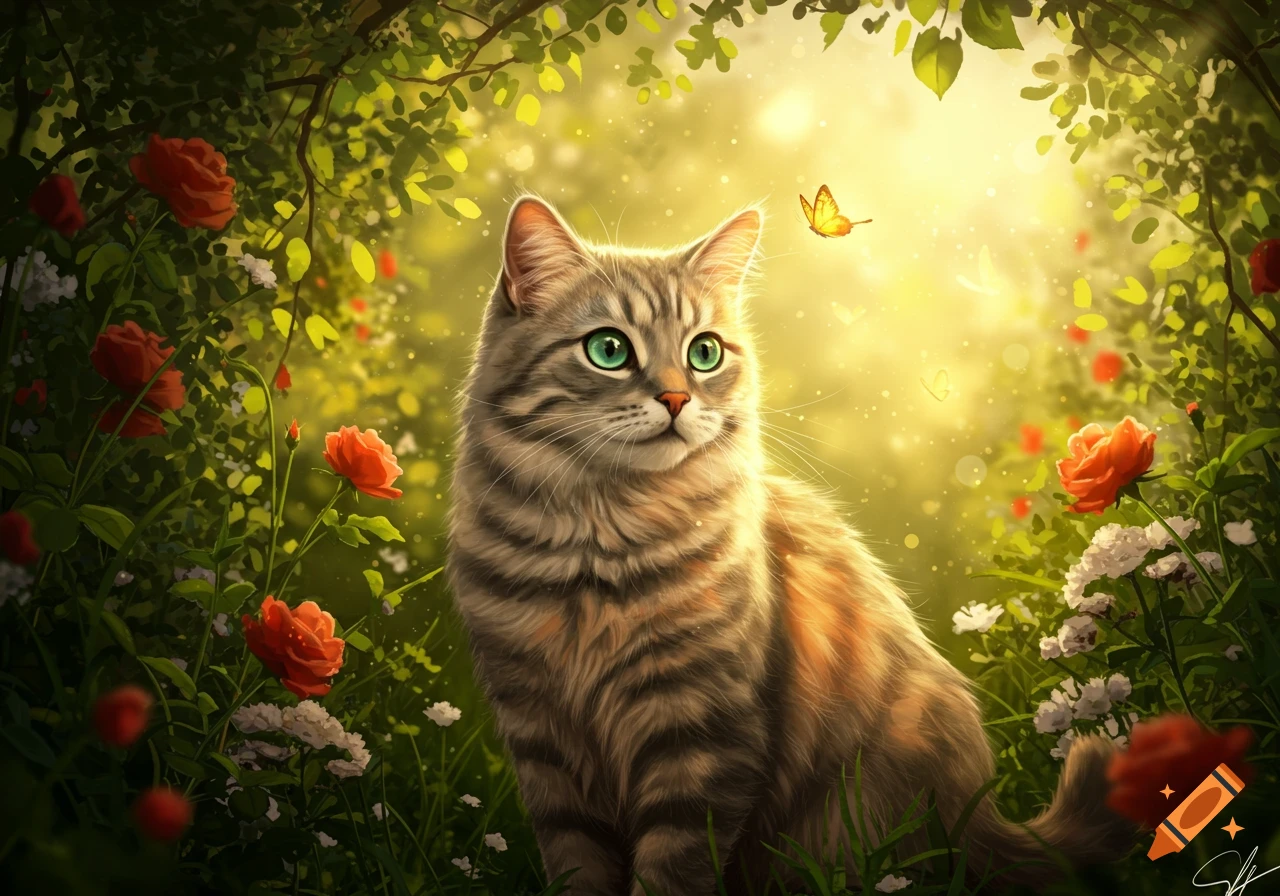 A fluffy tabby cat with vibrant green eyes sits in a lush, sunlit garden surrounded by red roses and small white flowers, looking at a butterfly.