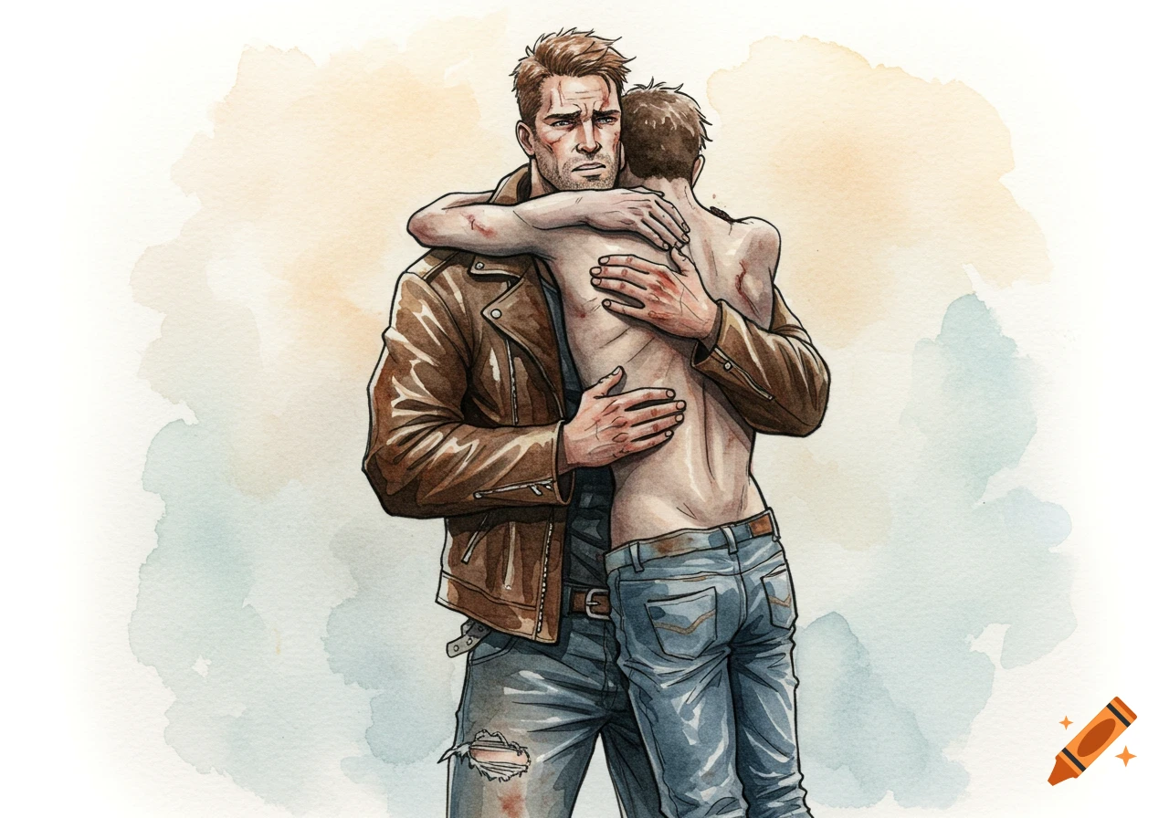 Watercolor art of a muscular man in a leather jacket embracing a shirtless man in torn jeans, both with scratches.