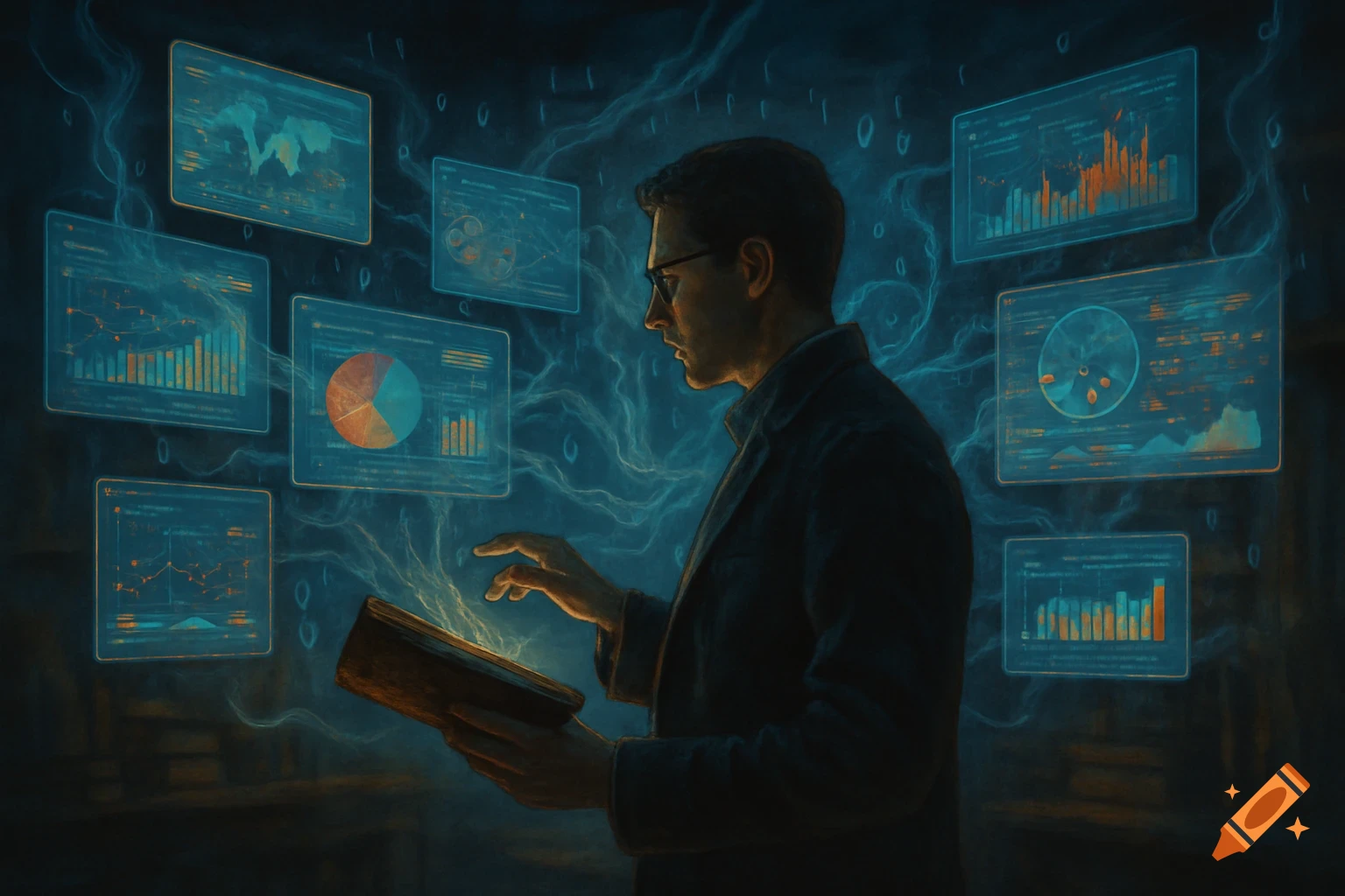 A man in glasses looks intently at a glowing book, surrounded by holographic screens displaying data charts, in a dark, ethereal setting.