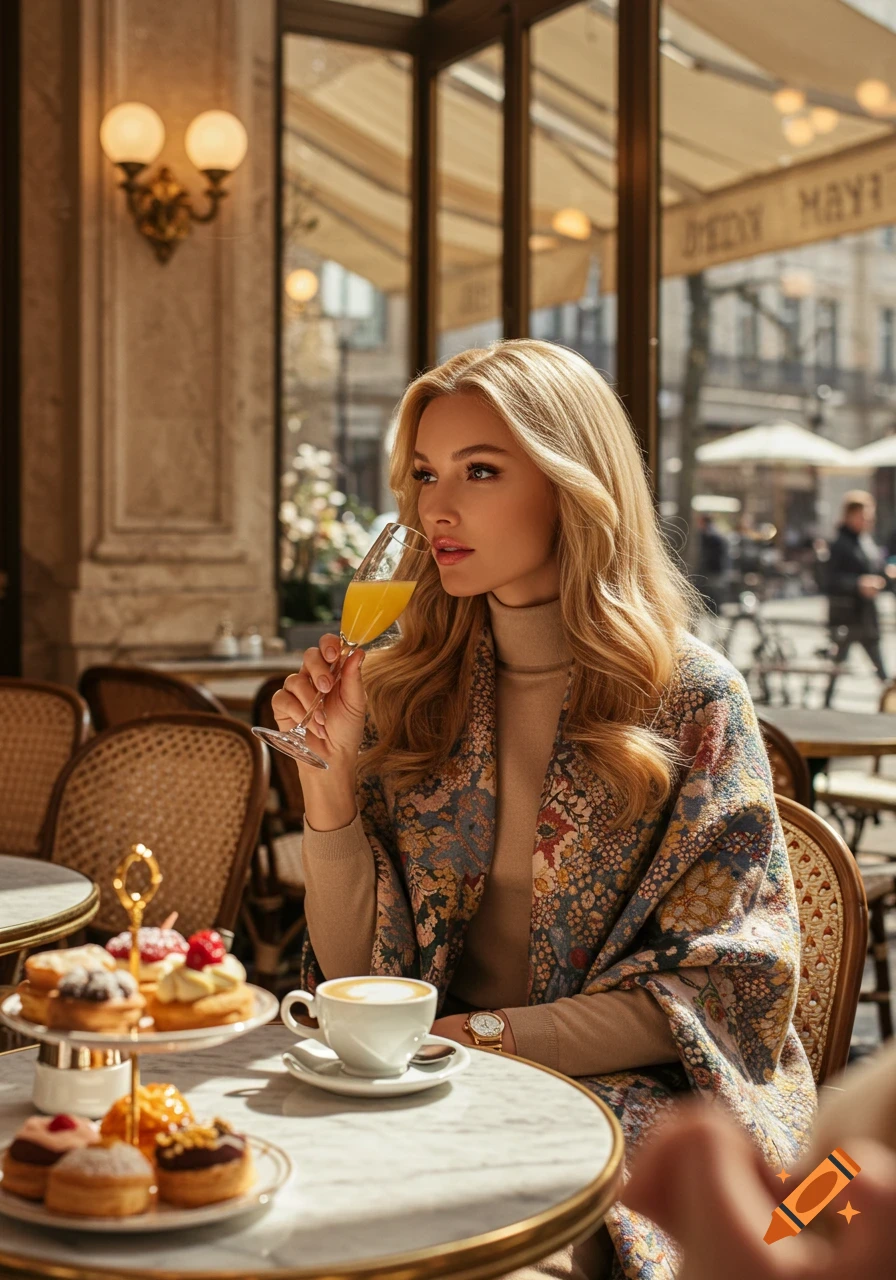 A stylish woman with long blonde hair sips an orange drink at a cafe table with pastries and coffee.