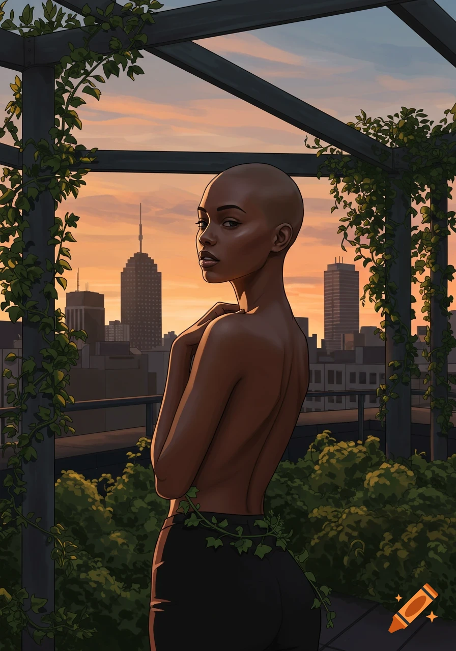 Stylized digital art of a bald woman, bare-chested, on a city rooftop with vines at sunset.