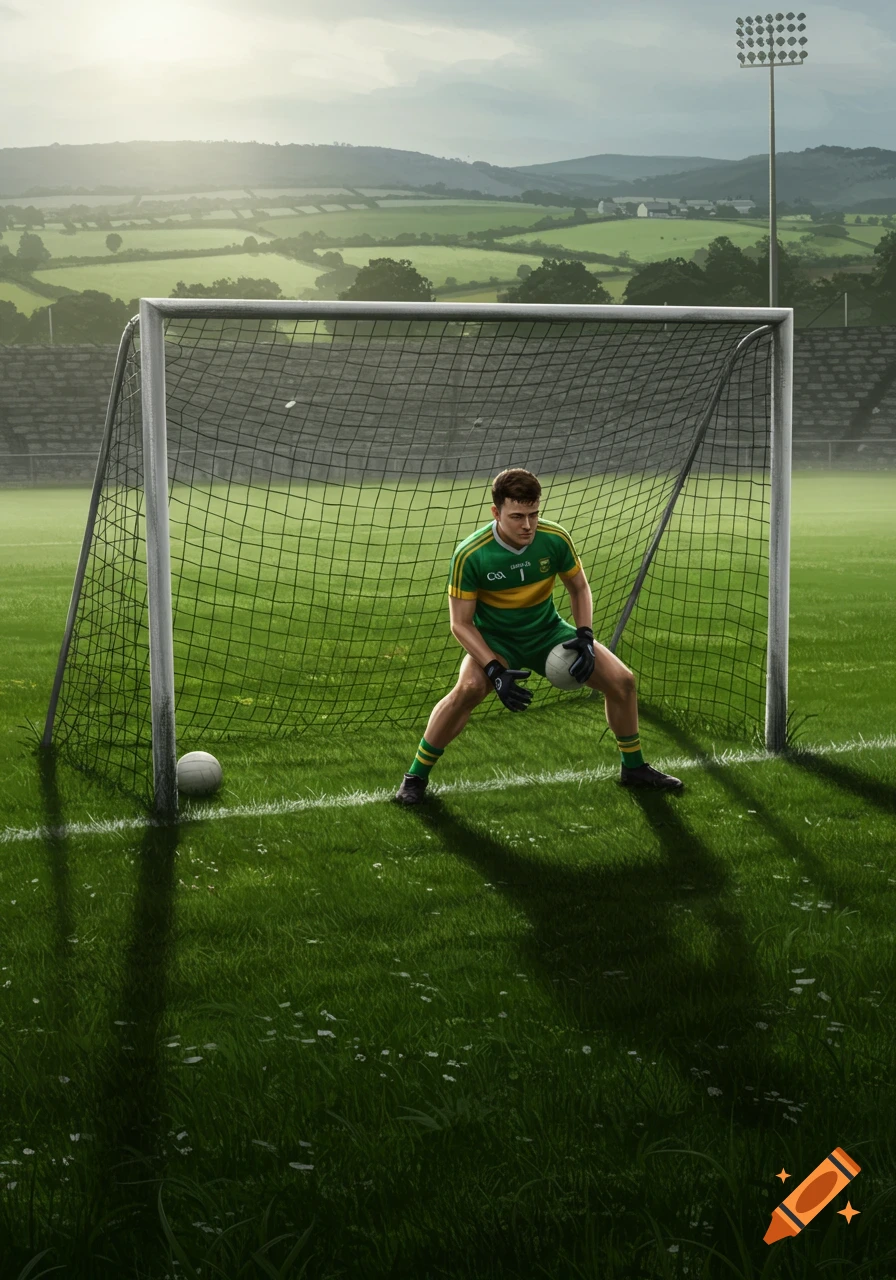 Gaelic football goalkeeper in a green and gold uniform, crouched in front of a goal on a sunny field with hills in the background.