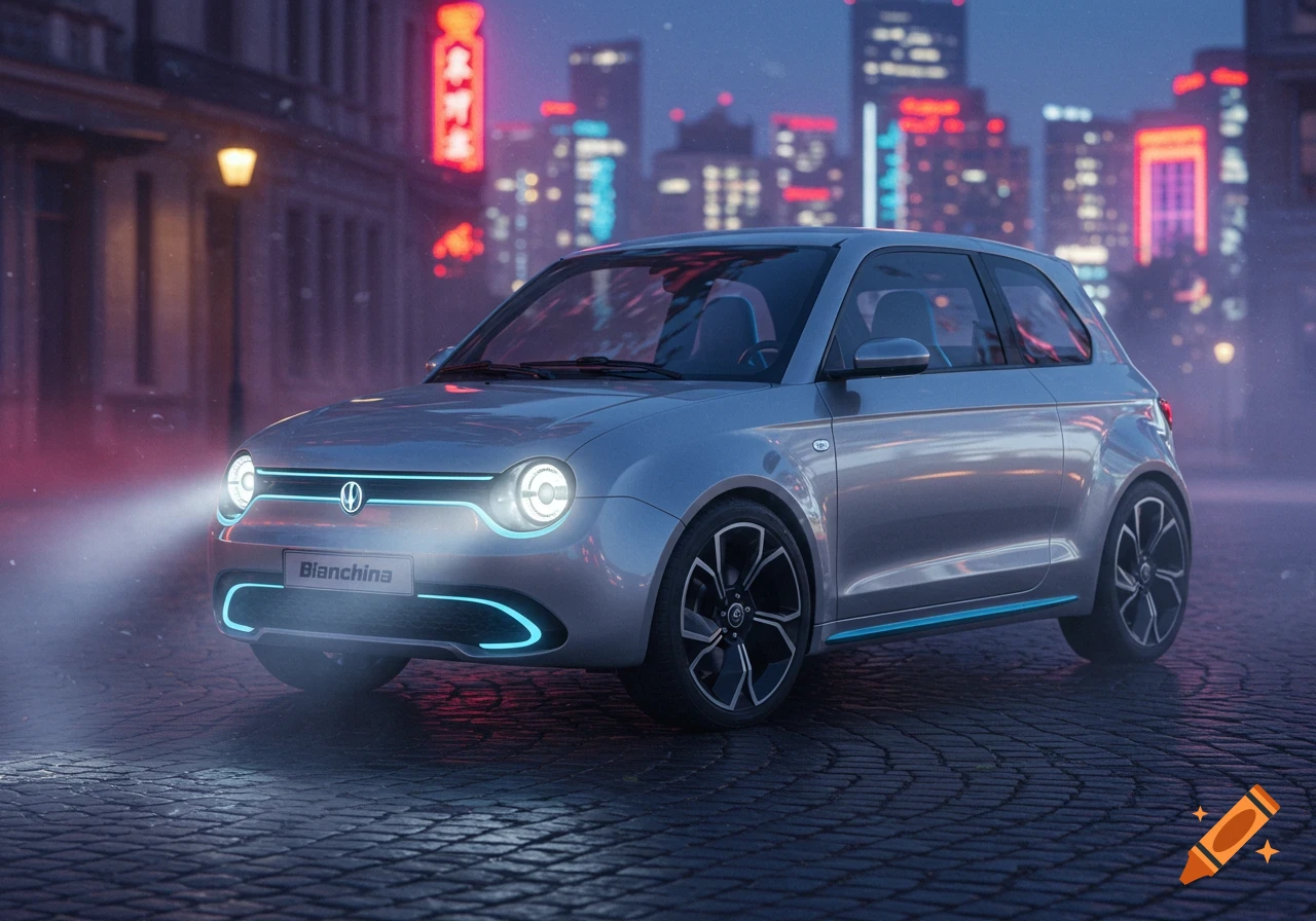 A silver modern compact car with glowing blue accents is parked on a cobblestone street at night, with a blurry city skyline behind it.