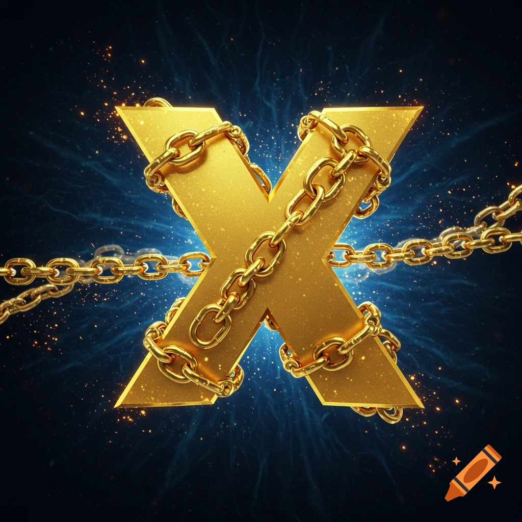 A shiny golden letter X wrapped in golden chains, against a dark blue background with glowing sparks.