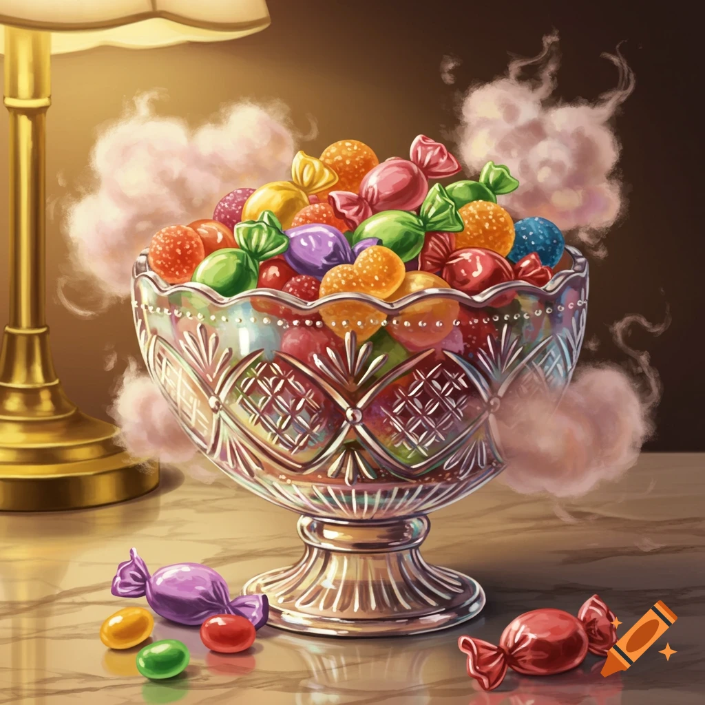 An illustration of a cut crystal bowl overflowing with colorful candies, set on a table next to a lamp.
