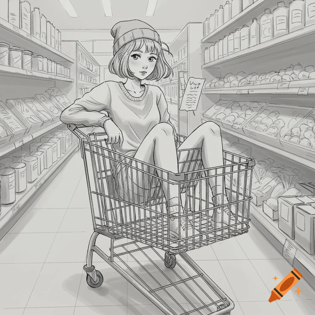 A sketch of a girl with short hair and a beanie sitting in a shopping trolley in a supermarket aisle.