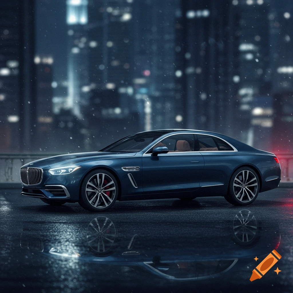 A dark blue luxury coupe drives on a wet city street at night, with blurred city lights in the background and light precipitation falling.
