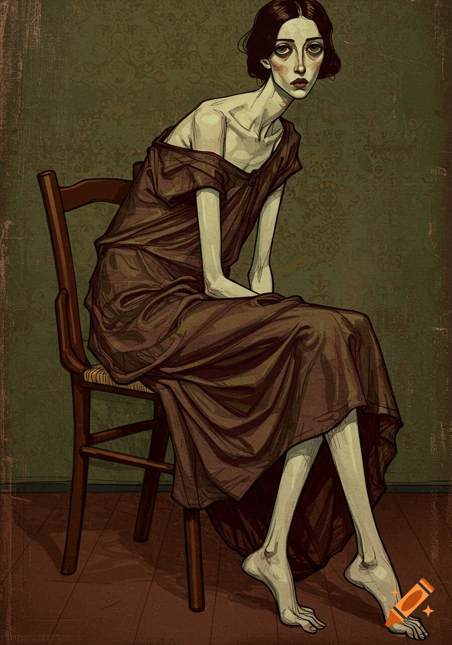 An emaciated woman with dark hair and pale skin sits on a wooden chair, wearing a brown dress in the expressive style of Egon Schiele.