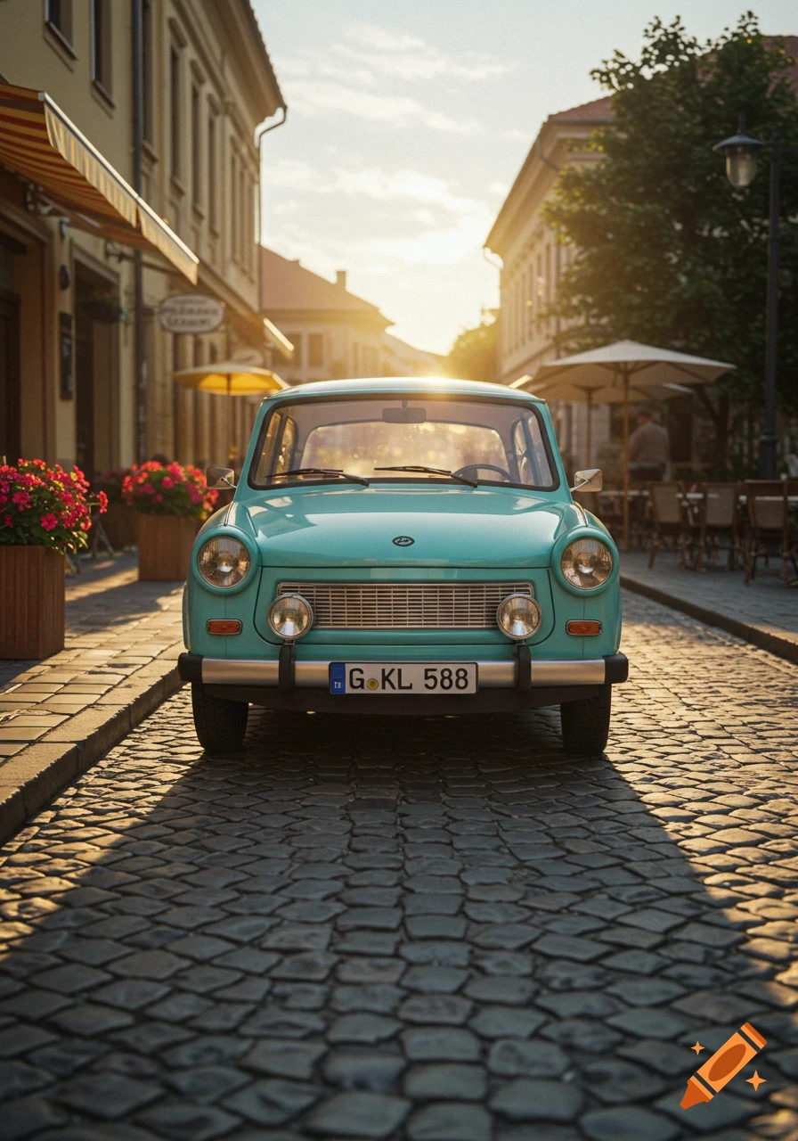 A teal vintage Trabant 601 car parked on a cobblestone street in a European town at sunset, with old buildings and outdoor cafes in the background.